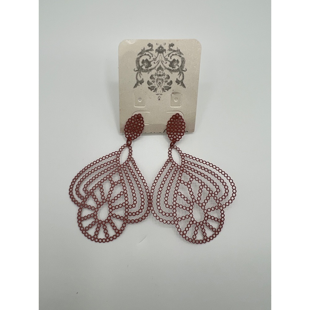 Burgundy Filigree Lace Drop Earrings Matte Red Openwork Statement Dangle Boho